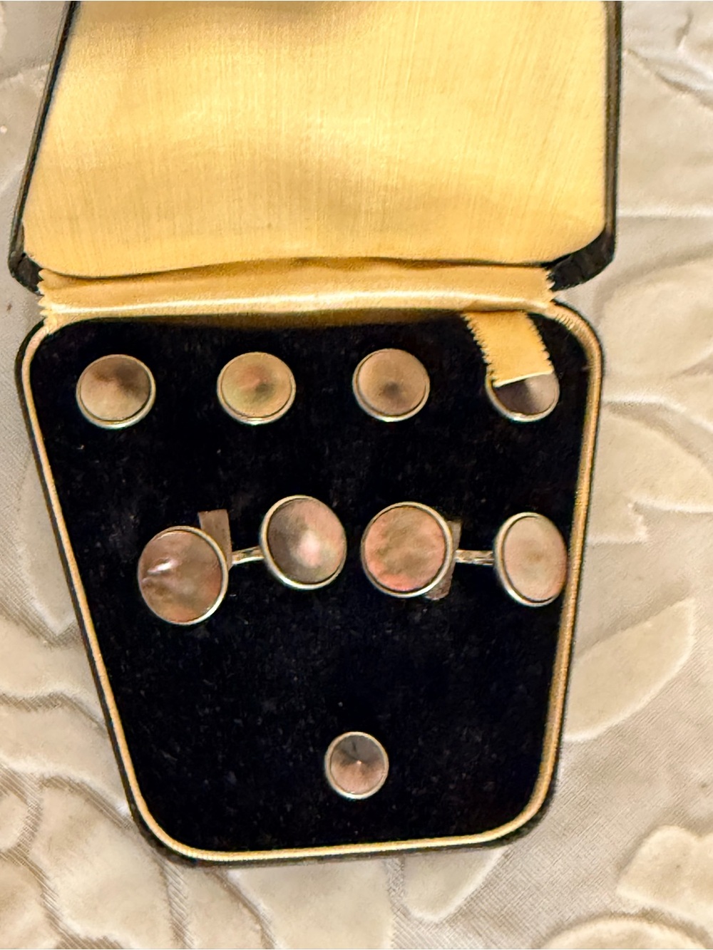 Art Deco Vintage Silver-Tone Mother of Pearl Cufflinks & Stud Set